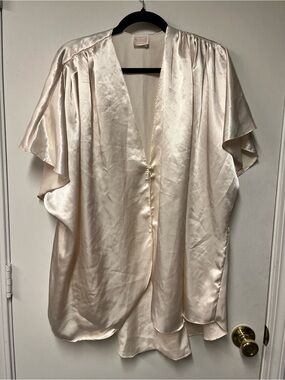 Vintage Circa 2000 Satin Kimono Duster Ivory Pearl Button Lounge Cover Up